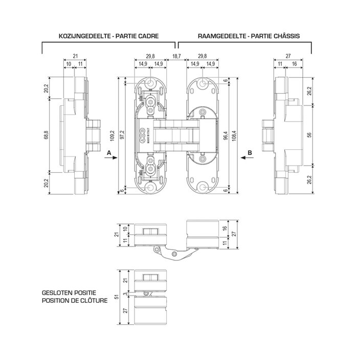 AGB Charnière 3D invisible bronze mat - 110 x 30 mm - AGB Eclipse 2.2