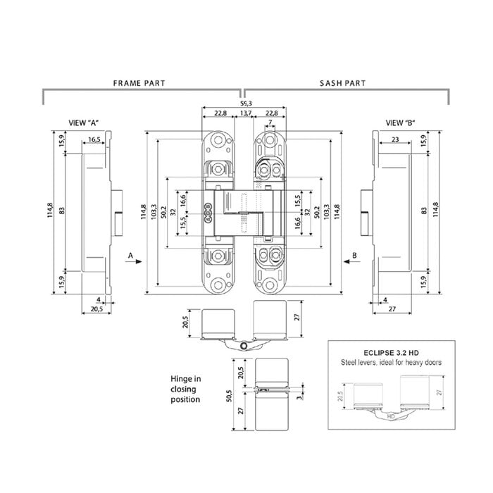 AGB Matte bronze invisible 3D hinge - 115x23mm - AGB eclipse 3.2