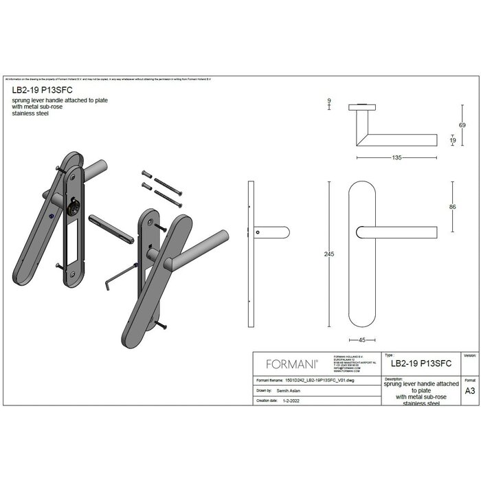 Formani Formani deurklinken Basics LB2-19P13SFC op blind schild - PVD mat RVS