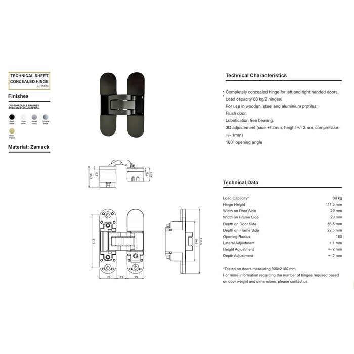 JAIROL Charnières 3D invisibles blanches RAL9010 - 111 x 29 mm - 80 kg