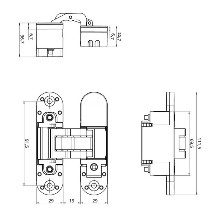 JAIROL Unsichtbare weiße 3D-Scharniere RAL9010 – 111 x 29 mm – 80 kg