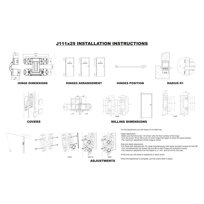 JAIROL Charnières 3D invisibles blanches RAL9010 - 111 x 29 mm - 80 kg
