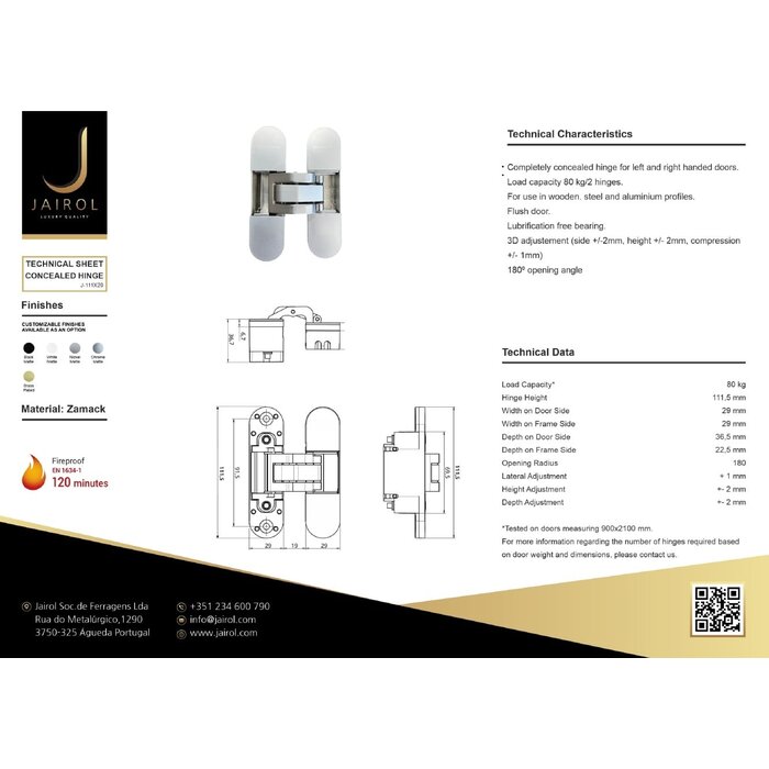 JAIROL Charnières 3D invisibles blanches RAL9010 - 111 x 29 mm - 80 kg