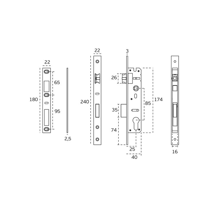 JNF Architectural Hardware JNF Cilinderslot Serie 400 - Doorn 25, 30 of 35mm - Voor smalle profieldeuren - RVS