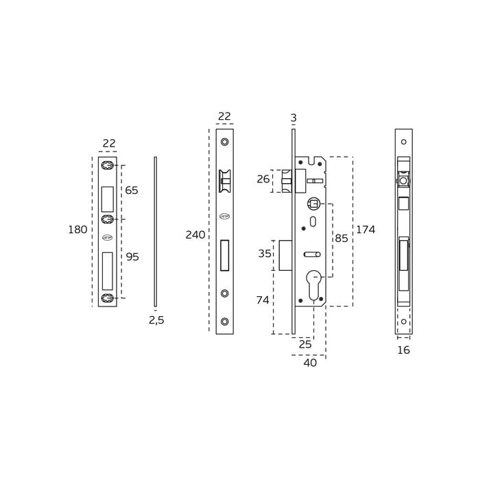 JNF Architectural Hardware JNF Zylinderschloss Serie 400 – Dornmaß 25, 30 oder 35 mm – Für schmale Türen – Edelstahl