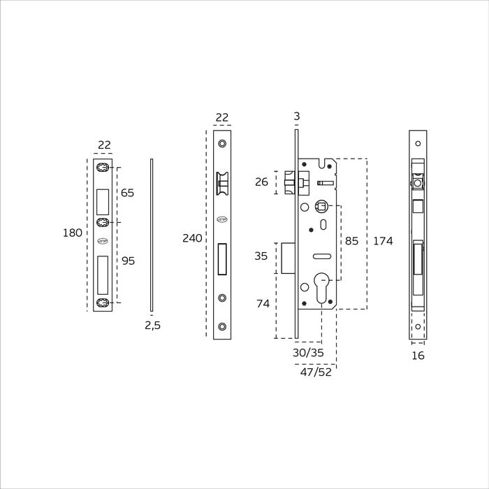 JNF Architectural Hardware JNF Zylinderschloss Serie 400 – Dornmaß 25, 30 oder 35 mm – Für schmale Türen – Edelstahl