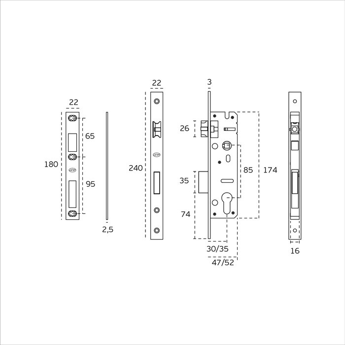 JNF Architectural Hardware Serrure à cylindre JNF série 400 - Entraxe 25, 30 ou 35 mm - Pour portes à profil étroit - Acier inoxydable
