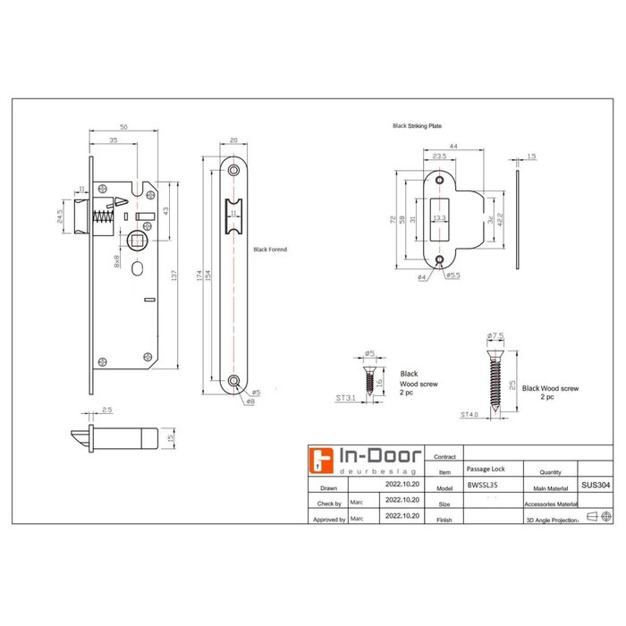 In-Door Narrow mortise lock 35 mm with stainless steel faceplate