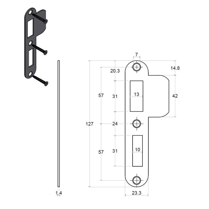 Formani Rounded strike plate for a key cylinder lock 127x24 mm made of bronze