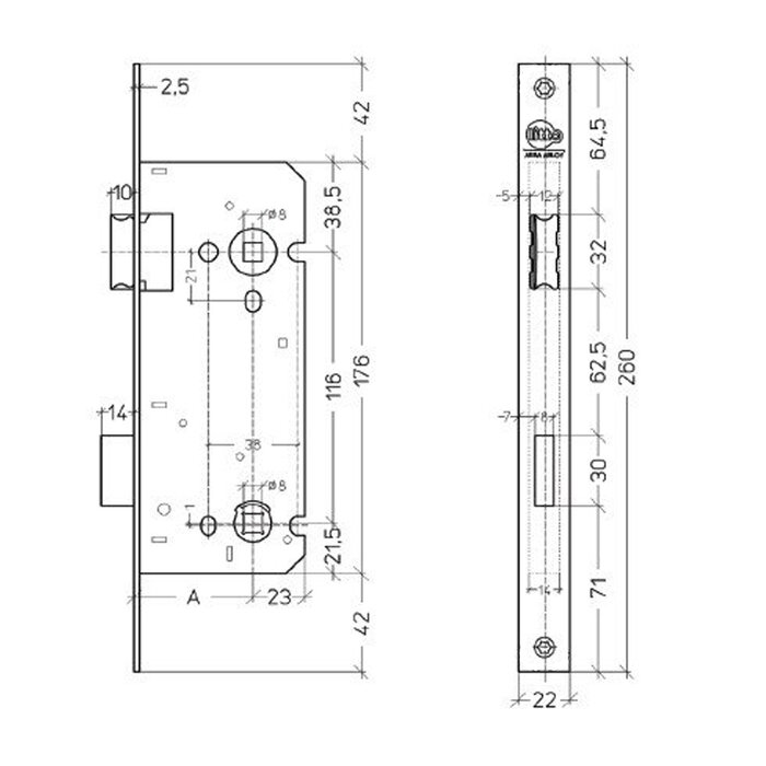 Assa Abloy Litto WC-slot asmaat 116mm/doorn 50mm, RVS look met rechte voorplaat 260x22mm