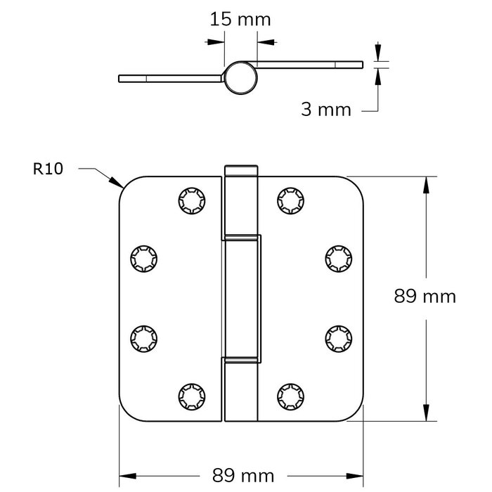 Dulimex Zwart glijlagerscharnier 89x89 mm met ronde hoeken - universeel