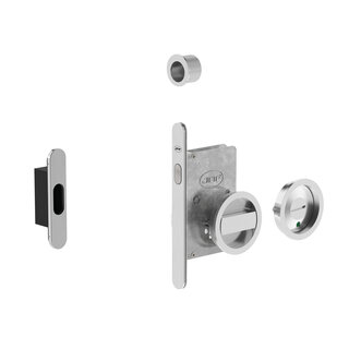 JNF Architectural Hardware Serrure de porte coulissante JNF avec ensemble WC rond et indicateur libre/occupé – Nickel mat