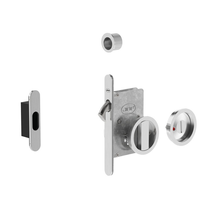 JNF Architectural Hardware JNF Schiebetürschloss mit rundem WC-Set und Frei/Belegt-Anzeige – Mattnickel