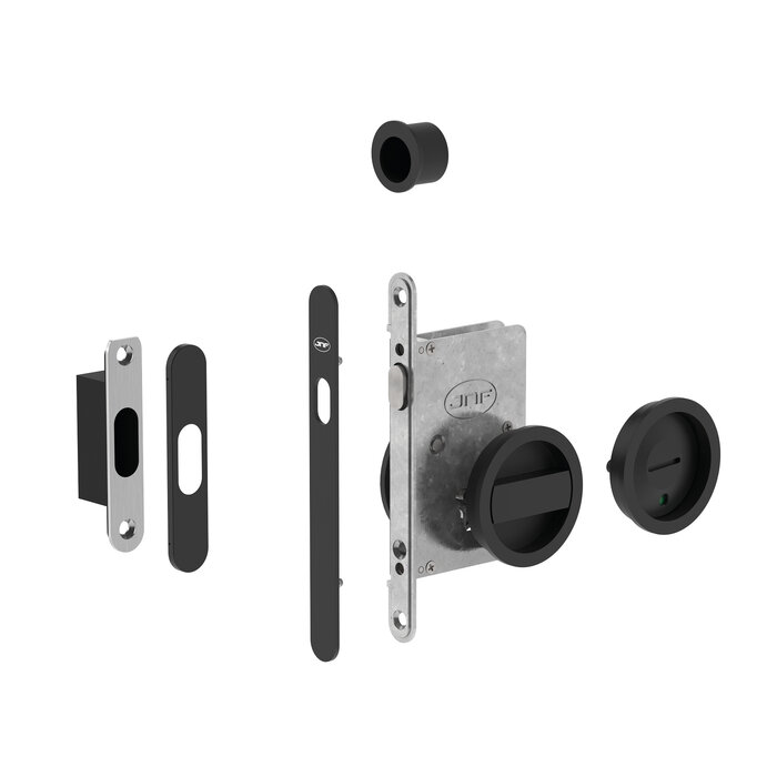 JNF Architectural Hardware JNF Schiebetürschloss mit rundem WC-Set und Frei/Belegt-Anzeige – Schwarz RAL 9005