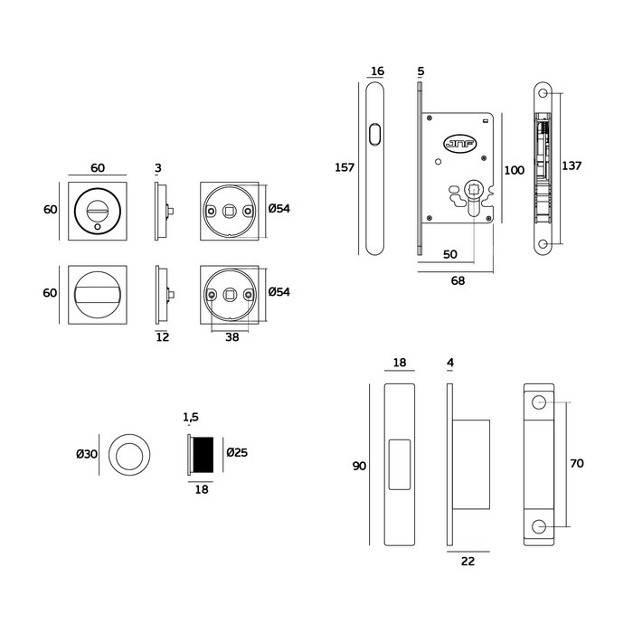 JNF Architectural Hardware JNF schuifdeurslot met vierkant WC-garnituur en vrij/bezet-indicator – Mat nikkel