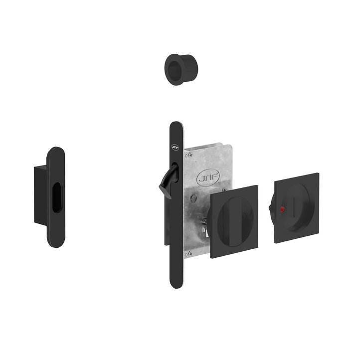 JNF Architectural Hardware JNF schuifdeurslot met vierkant WC-garnituur en vrij/bezet-indicator – Zwart RAL 9005