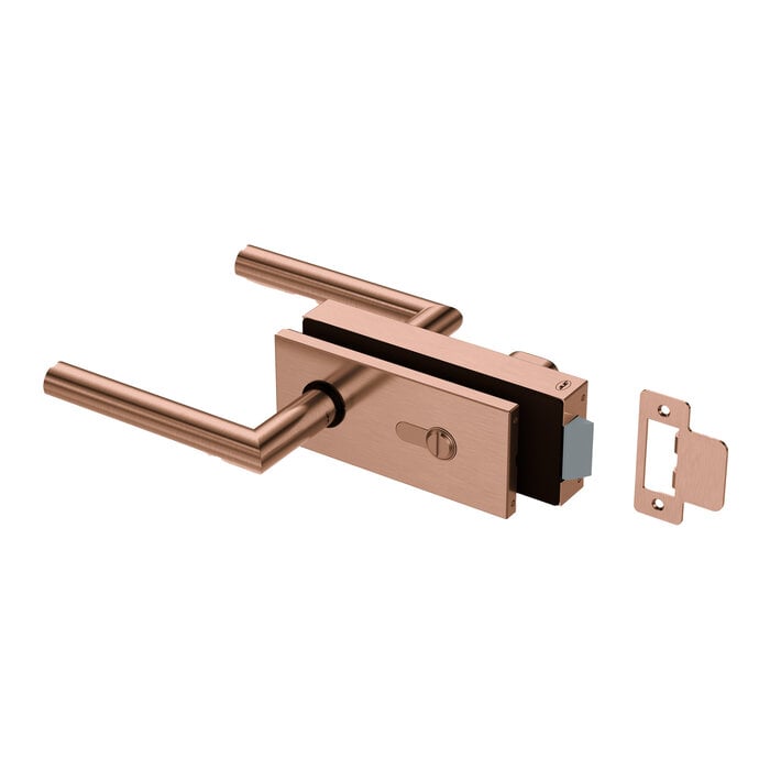 JNF Architectural Hardware Ensemble de serrure WC JNF ALL IN avec poignées pour portes vitrées – Cuivre PVD