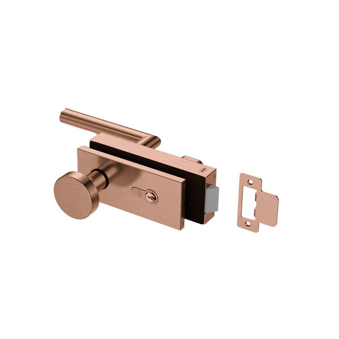 JNF Architectural Hardware Serrure de porte vitrée JNF ALL IN avec poignée et bouton fixe - Cuivre PVD