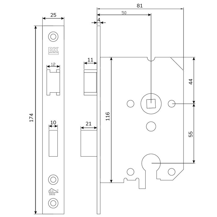 Dulimex Veiligheidsinsteekslot PC55 SKG®** – Rechte voorplaat 174 × 25 mm – Inox