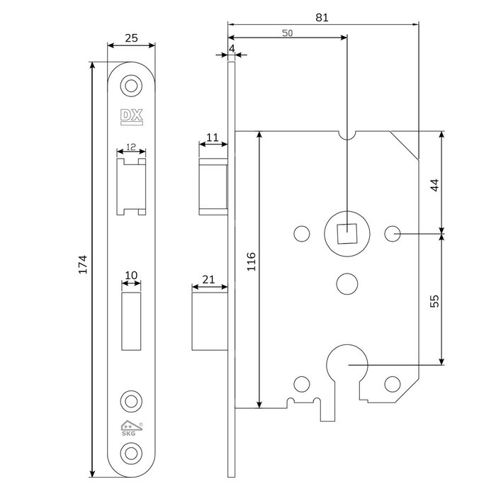Dulimex Security mortise lock PC55 SKG®** – Rounded faceplate 174 × 25 mm – Stainless steel