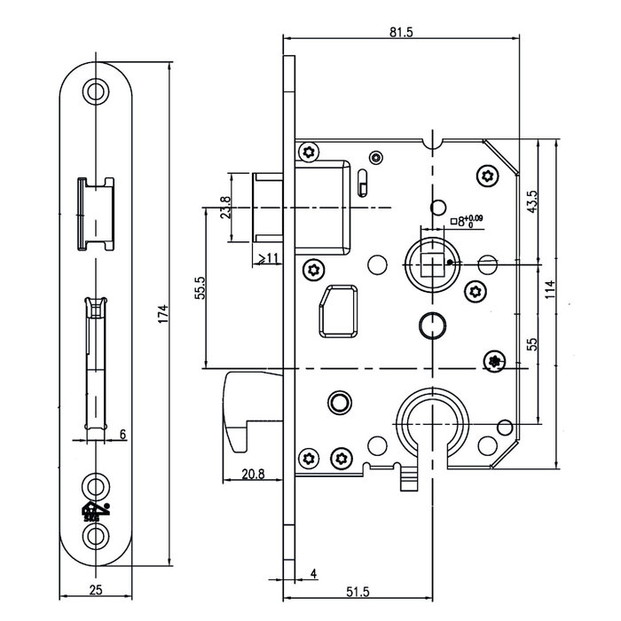 Dulimex Veiligheidsinsteekhaakslot PC55 SKG®** – Afgeronde voorplaat 174 × 25 mm – Inox
