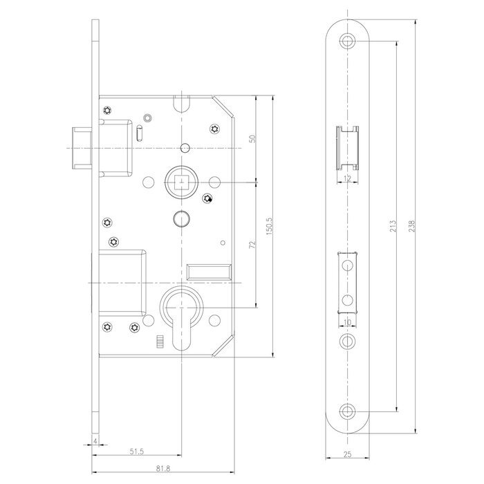 Dulimex Sicherheits-Einsteckschloss PC72 SKG®** – Gerade Frontplatte 238 × 25 mm – Edelstahl