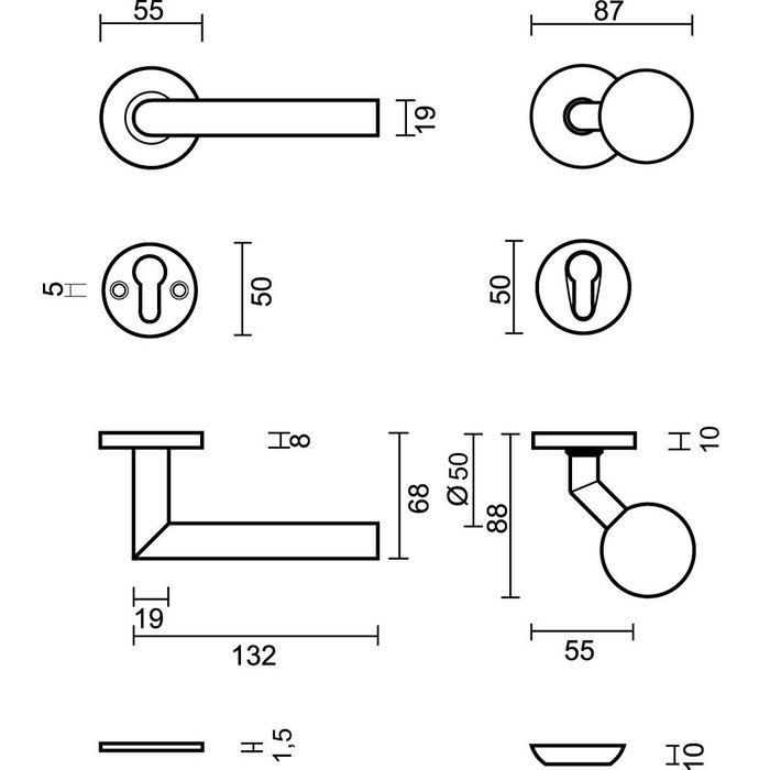 HDD Fixed Top BS 50 on rose shaft + door handle I Shape 19mm + security rose shaft 10mm