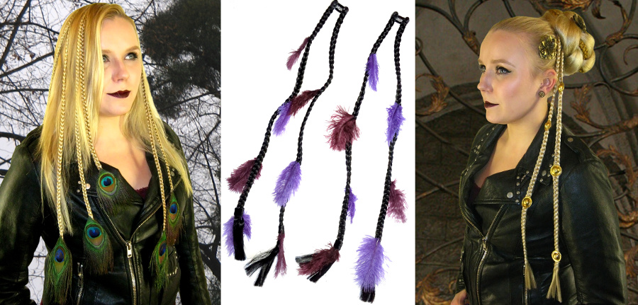 Peacock feather extensions & fantasy clip hair pieces in Goth & steampunk style!