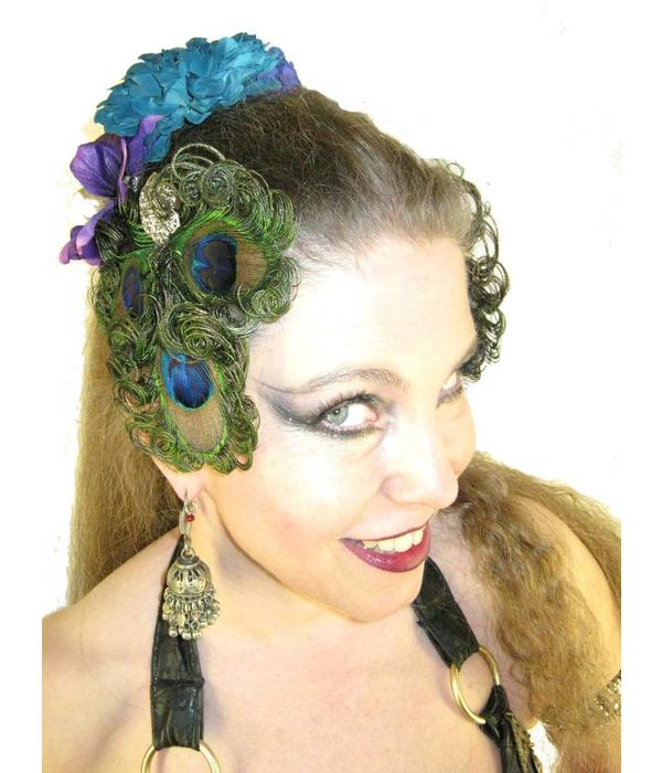 Peacock Feather Headpiece - silver flower