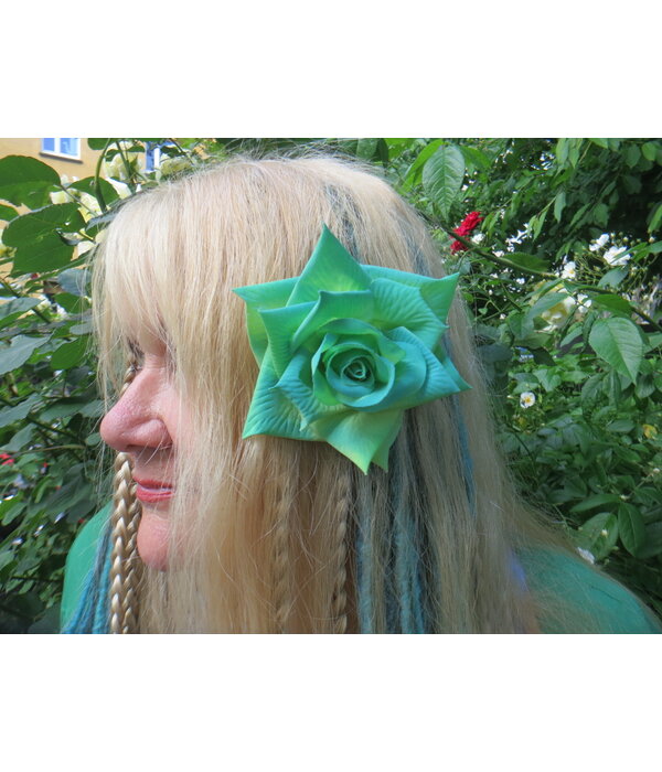 Rose hair flower turquoise green 2x