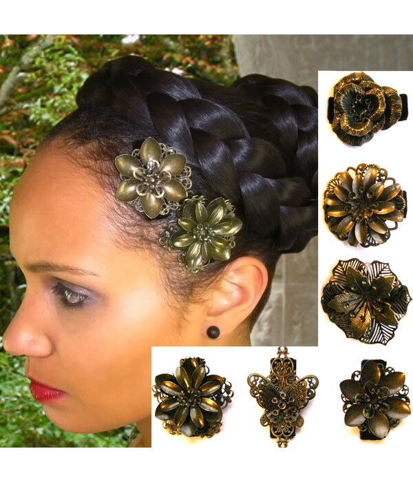 Steampunk hair flower mix Goth bronze shoe clip set MAGIC TRIBAL