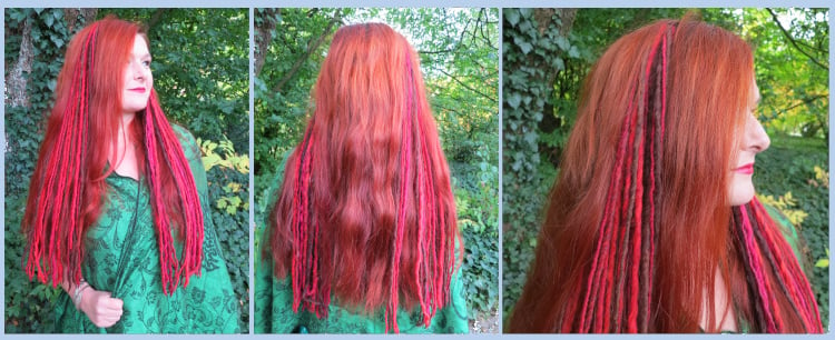 2 clip-in dreads extensions with 20-28 single locks as highlights in long hair