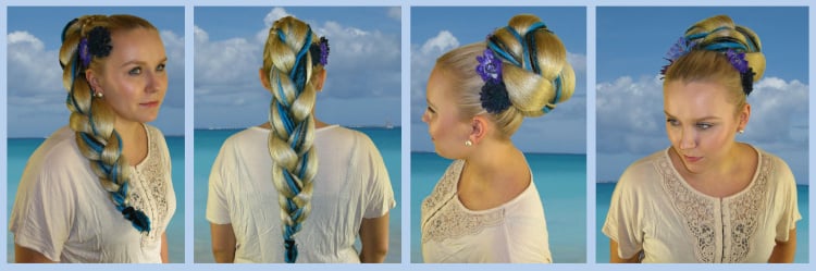 Colorful dreadlock highlights braided into a hair piece braid and chignon bun cover.