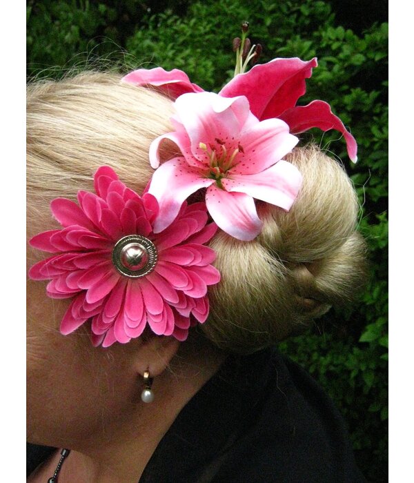 Pink Button Hair Flower 2 x