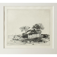 ETCHING Cottage with a White Paling