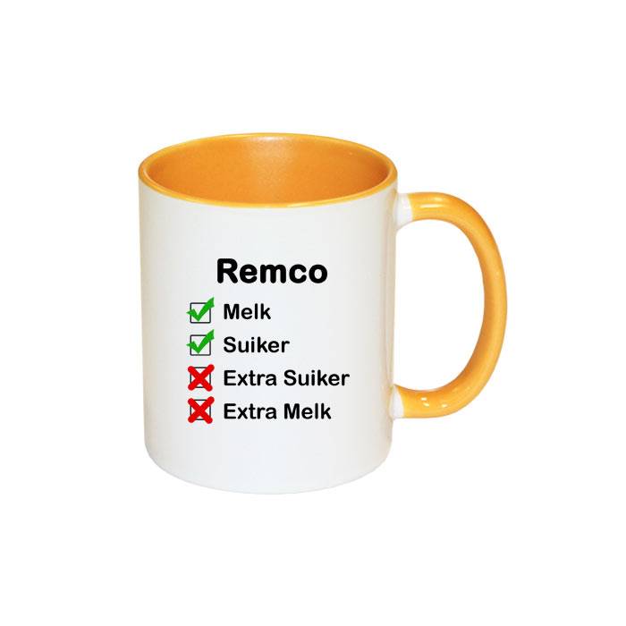 Mok Met Naam Checklist Geel huismerk kopen in de aanbieding