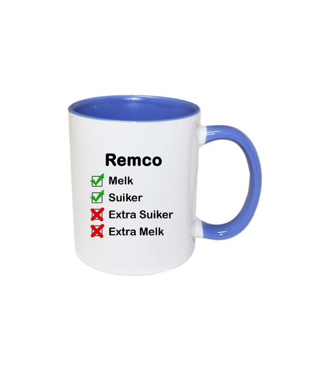 Koffiemok naam + koffie voorkeur (blauw) | Per stuk bestellen | Roze met naam? Watzalikkopen.nl - Watzalikkopen.nl