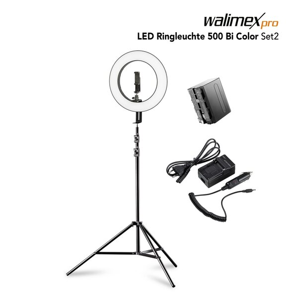 Walimex Pro LED Ringleuchte 500 Bi Color Set inkl. Lampenstativ und Akku