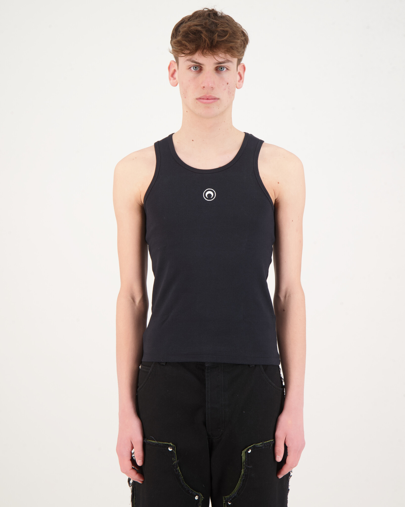 Marine Serre Organic Cotton Rib 2x2 Tank Top Zwart - Beachim