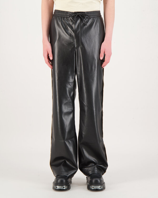 Ceron Raffia Trimmed Leather Pants Black