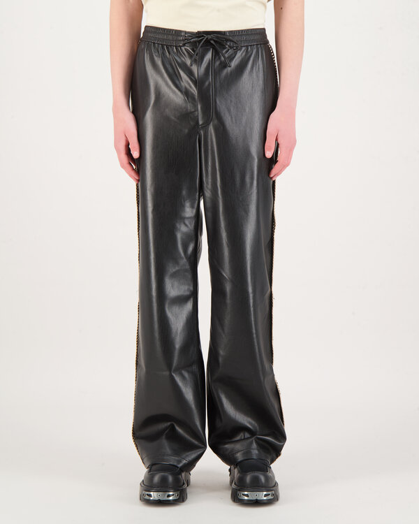 Ceron Raffia Trimmed Leather Pants Zwart