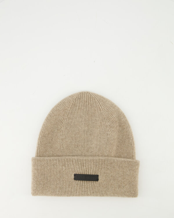 Patch Knitted Ribbed Beanie Beige