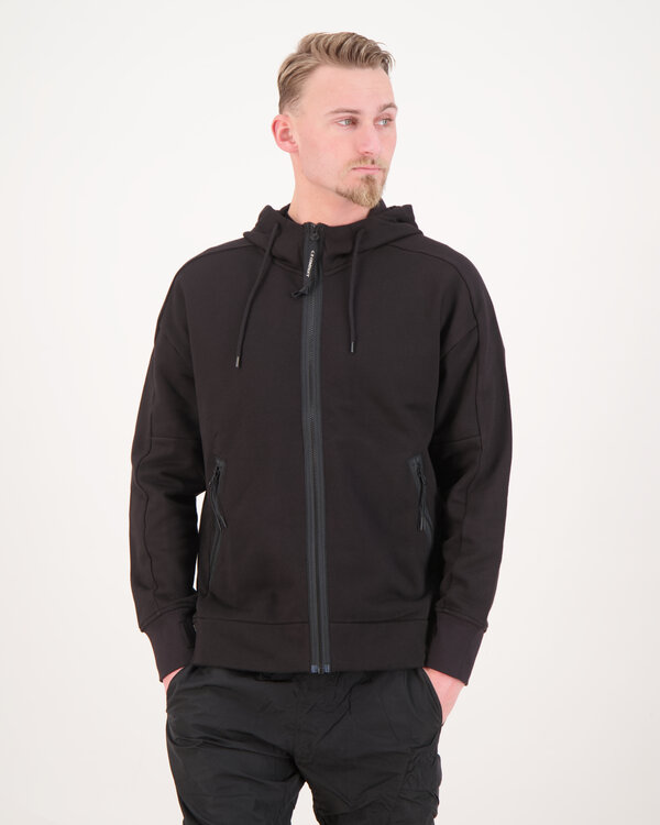 Diagonal Raised Fleece Zipped Hooded Sweatshirt Zwart