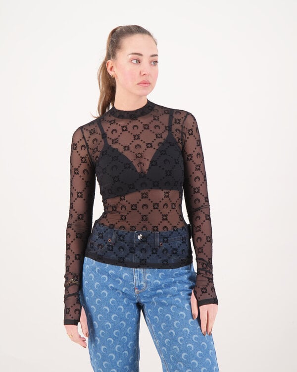 Moonogram Mesh Flock Top Zwart
