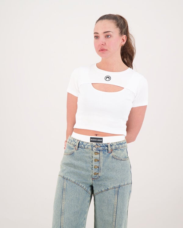 Moon Logo Ribbed Jersey Cut-Out T-Shirt Wit