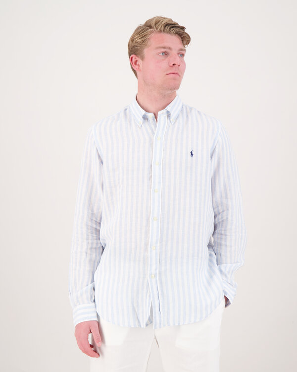 Custom Fit gestreept linnen Shirt Blauw