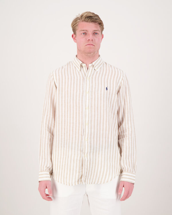 Custom Fit gestreept linnen Shirt Beige