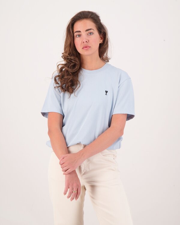 AMI De Coeur Black Logo T-Shirt Light Blue Ladies