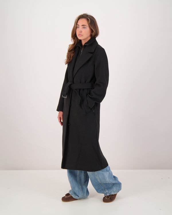 Twill Wool Lange Jas Zwart