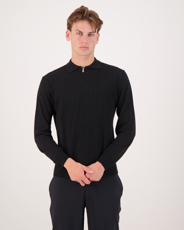 Geripptes Sweat Troyer Polo Schwarz